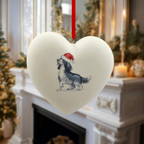 Sprocker Black & White in Santa Hat Christmas Heart Bauble